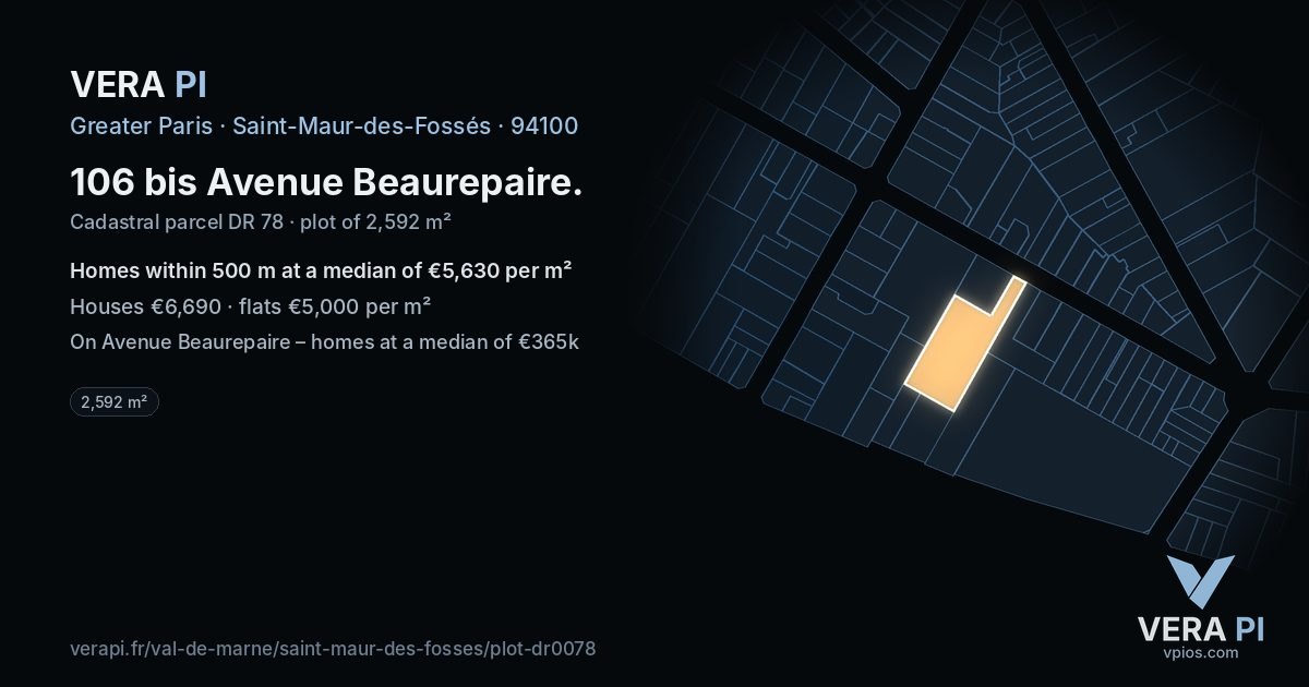 106 bis Avenue Beaurepaire, Saint-Maur-des-Fossés at night – the plot lit, the parcels around coloured by the prices near them
