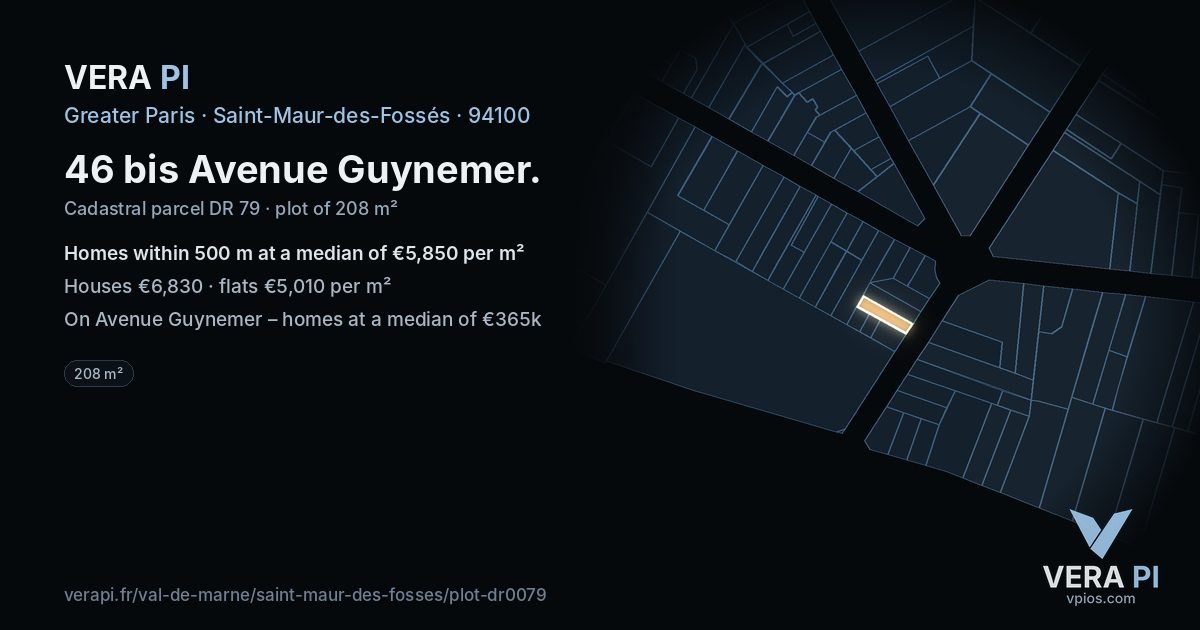46 bis Avenue Guynemer, Saint-Maur-des-Fossés at night – the plot lit, the parcels around coloured by the prices near them