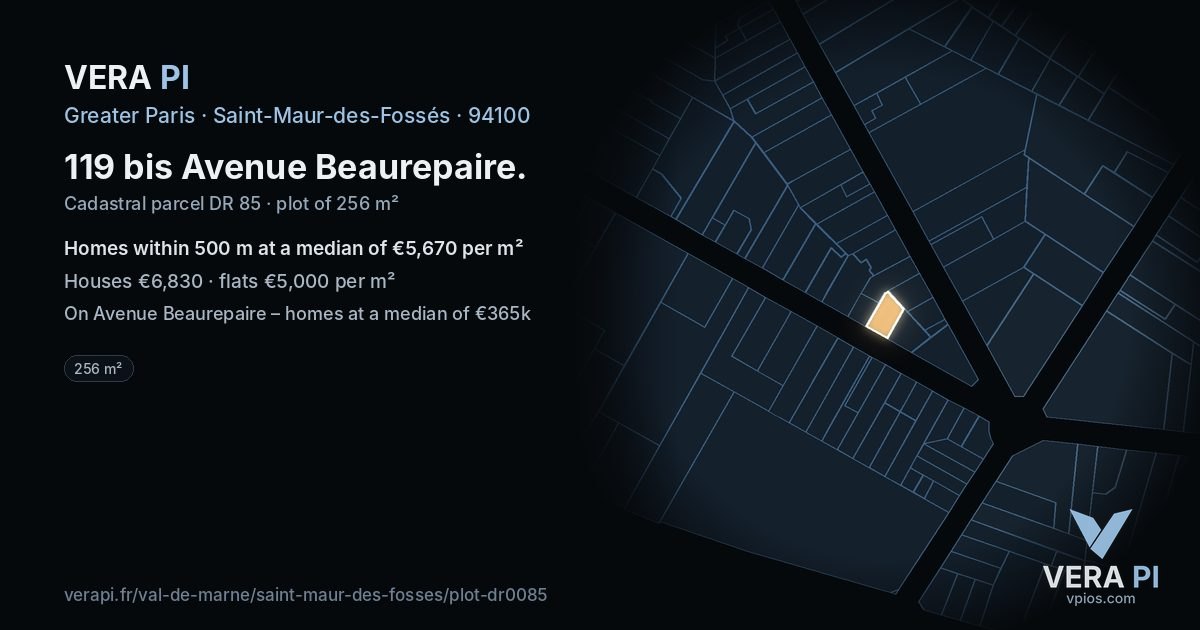 119 bis Avenue Beaurepaire, Saint-Maur-des-Fossés at night – the plot lit, the parcels around coloured by the prices near them