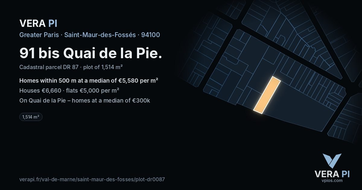91 bis Quai de la Pie, Saint-Maur-des-Fossés at night – the plot lit, the parcels around coloured by the prices near them