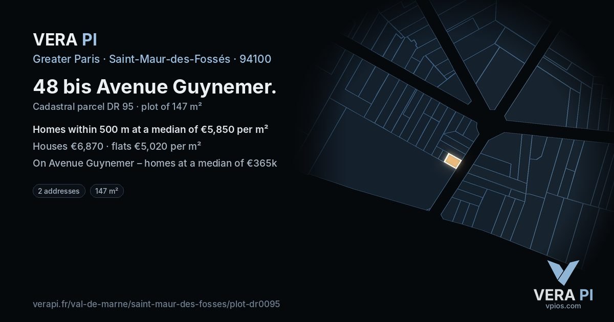48 bis Avenue Guynemer, Saint-Maur-des-Fossés at night – the plot lit, the parcels around coloured by the prices near them