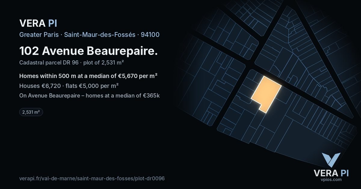 102 Avenue Beaurepaire, Saint-Maur-des-Fossés at night – the plot lit, the parcels around coloured by the prices near them
