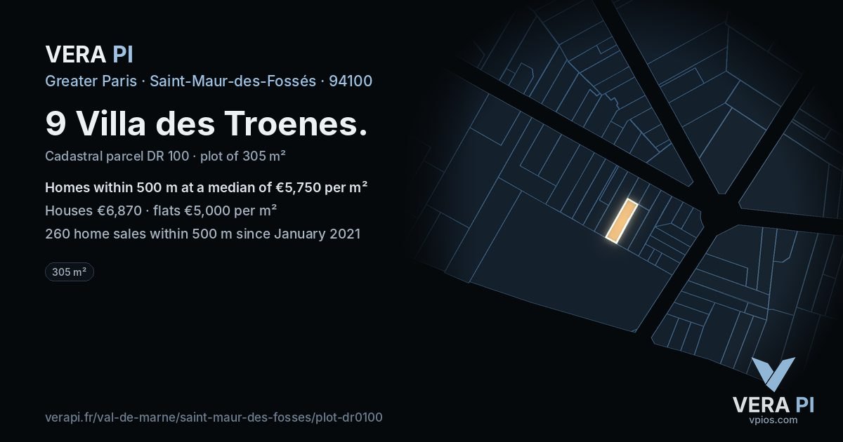 9 Villa des Troenes, Saint-Maur-des-Fossés at night – the plot lit, the parcels around coloured by the prices near them
