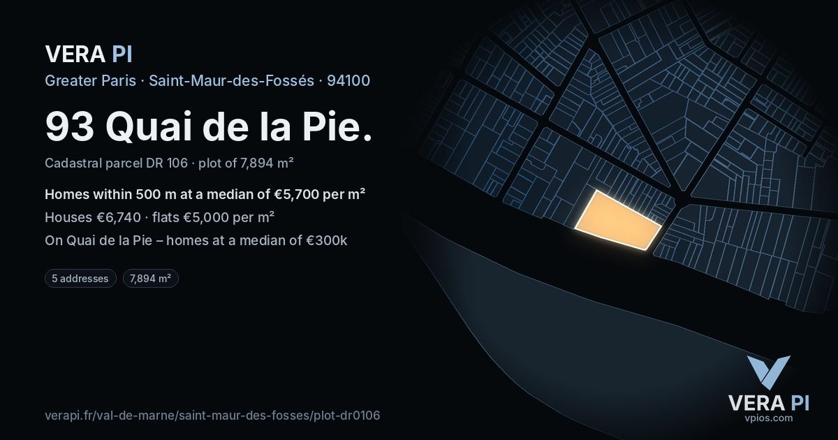 93 Quai de la Pie, Saint-Maur-des-Fossés at night – the plot lit, the parcels around coloured by the prices near them