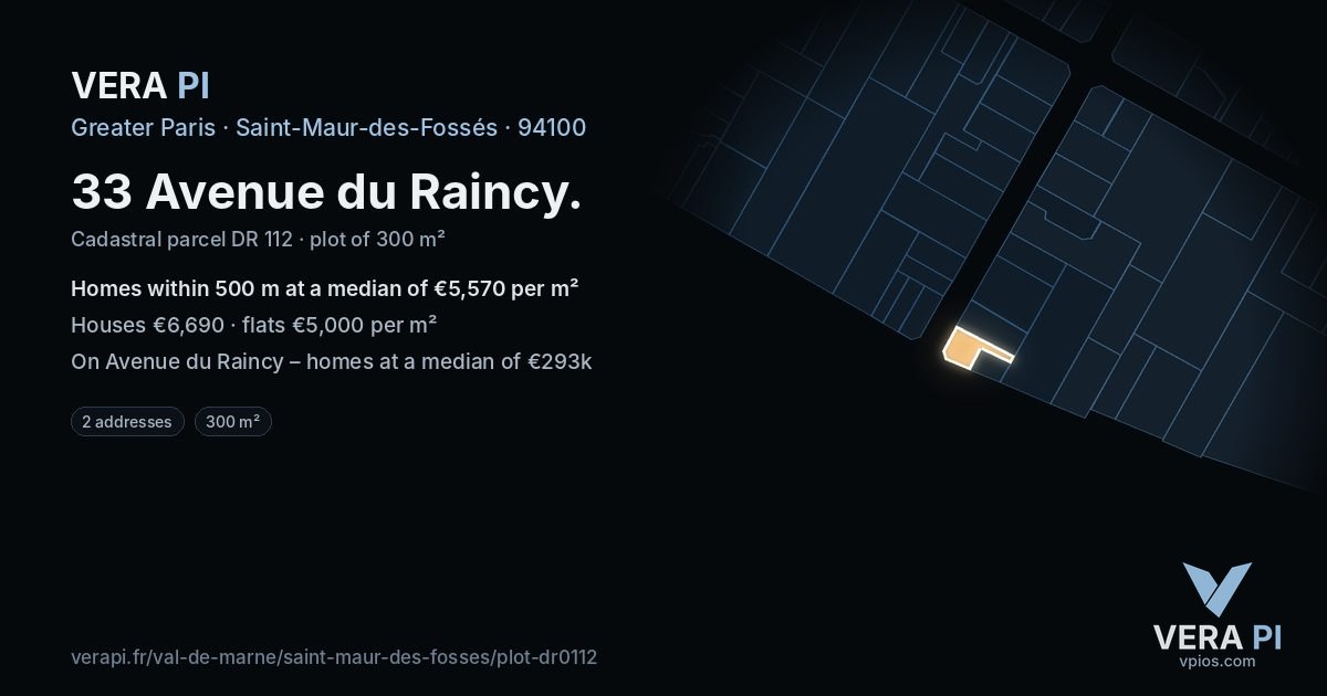 33 Avenue du Raincy, Saint-Maur-des-Fossés at night – the plot lit, the parcels around coloured by the prices near them