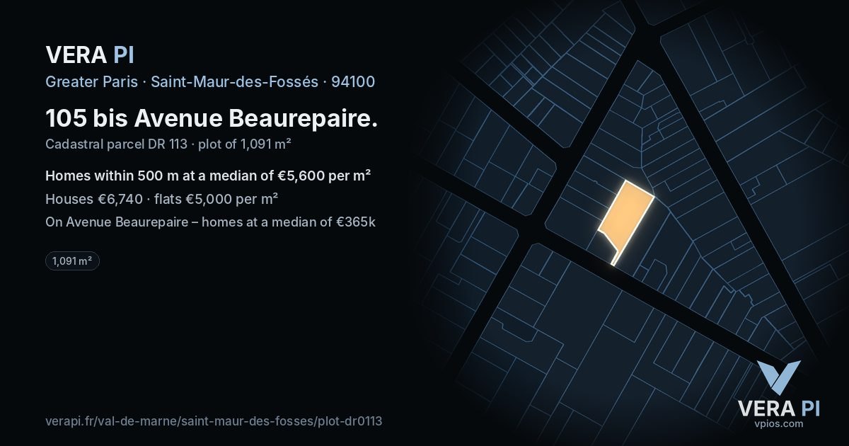 105 bis Avenue Beaurepaire, Saint-Maur-des-Fossés at night – the plot lit, the parcels around coloured by the prices near them