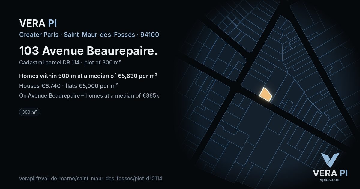 103 Avenue Beaurepaire, Saint-Maur-des-Fossés at night – the plot lit, the parcels around coloured by the prices near them