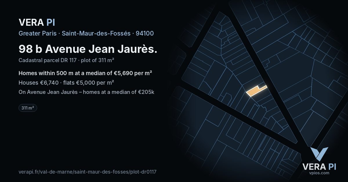 98 b Avenue Jean Jaurès, Saint-Maur-des-Fossés at night – the plot lit, the parcels around coloured by the prices near them