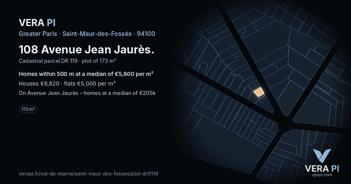 108 Avenue Jean Jaurès, Saint-Maur-des-Fossés at night – the plot lit, the parcels around coloured by the prices near them