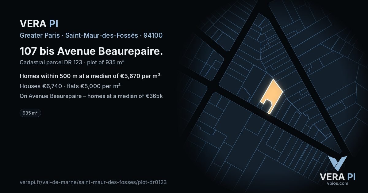 107 bis Avenue Beaurepaire, Saint-Maur-des-Fossés at night – the plot lit, the parcels around coloured by the prices near them