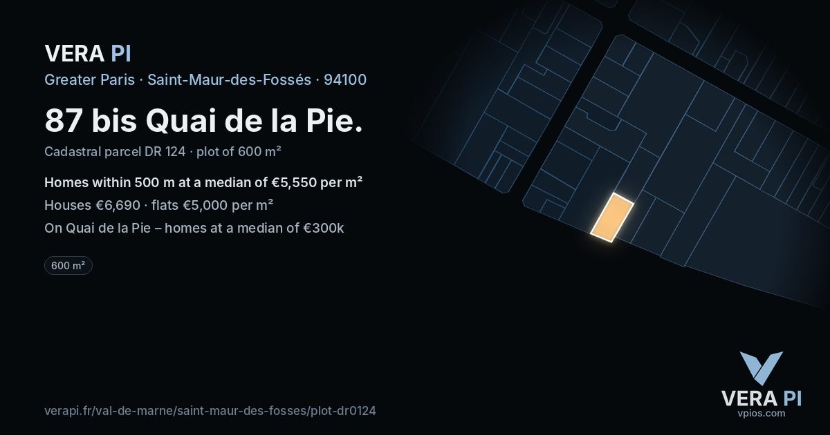 87 bis Quai de la Pie, Saint-Maur-des-Fossés at night – the plot lit, the parcels around coloured by the prices near them
