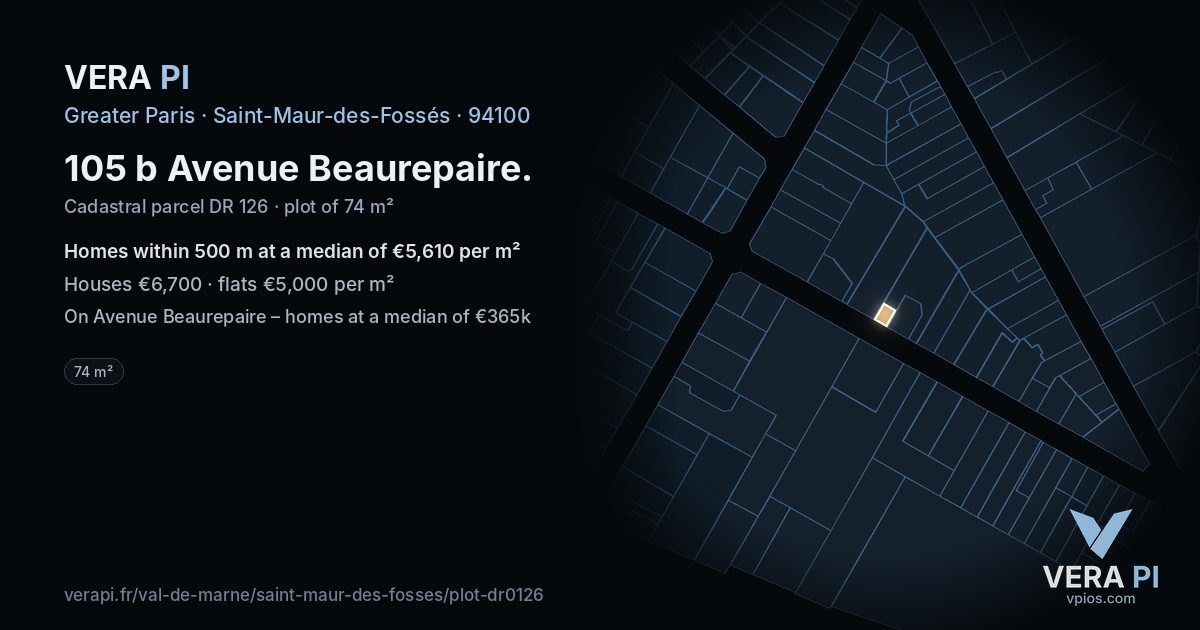105 b Avenue Beaurepaire, Saint-Maur-des-Fossés at night – the plot lit, the parcels around coloured by the prices near them