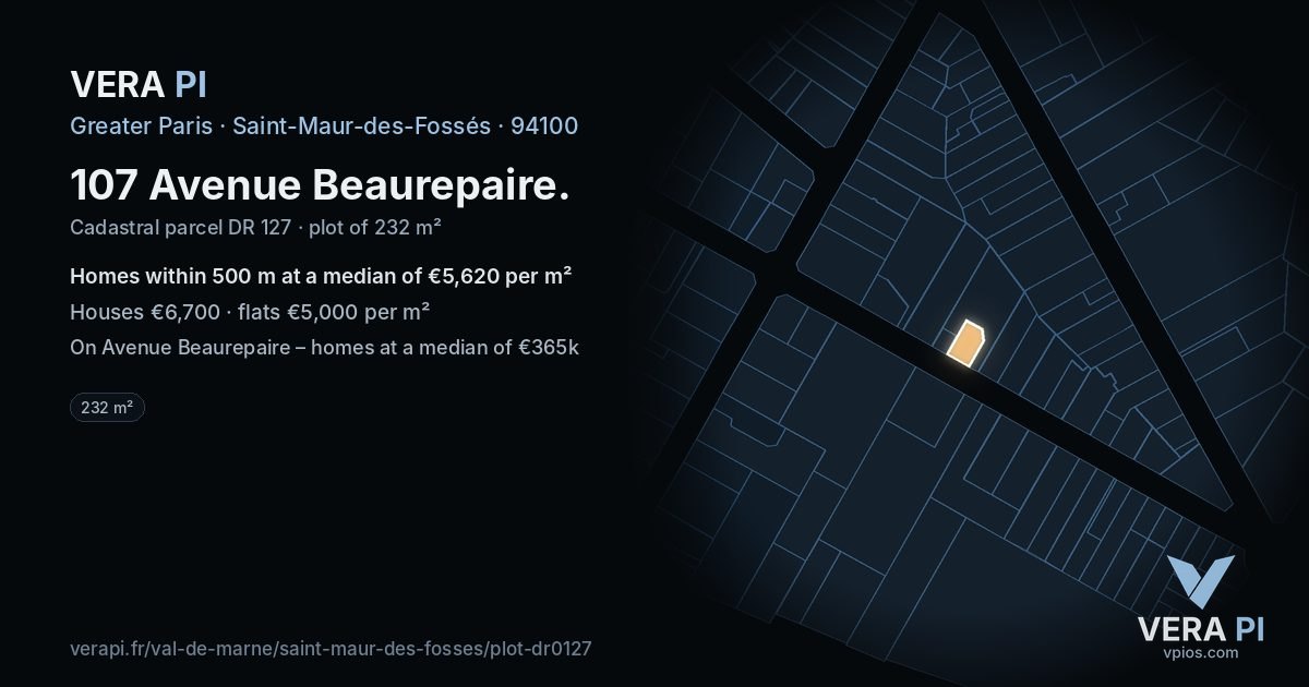 107 Avenue Beaurepaire, Saint-Maur-des-Fossés at night – the plot lit, the parcels around coloured by the prices near them