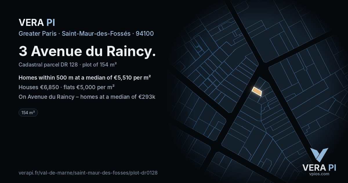 3 Avenue du Raincy, Saint-Maur-des-Fossés at night – the plot lit, the parcels around coloured by the prices near them
