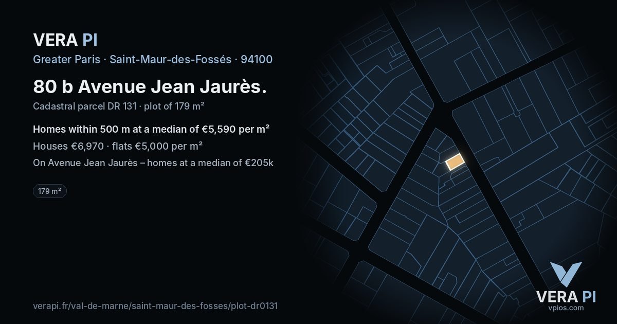 80 b Avenue Jean Jaurès, Saint-Maur-des-Fossés at night – the plot lit, the parcels around coloured by the prices near them