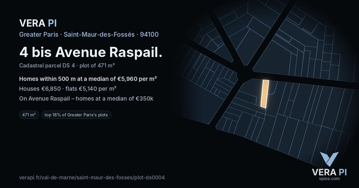 4 bis Avenue Raspail, Saint-Maur-des-Fossés at night – the plot lit, the parcels around coloured by the prices near them