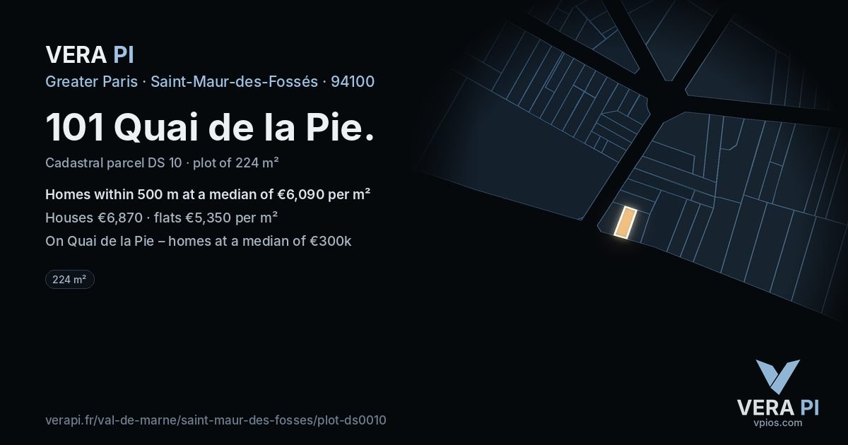 101 Quai de la Pie, Saint-Maur-des-Fossés at night – the plot lit, the parcels around coloured by the prices near them