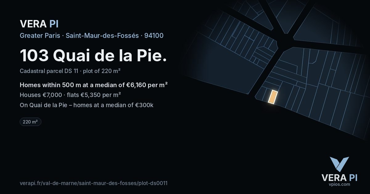 103 Quai de la Pie, Saint-Maur-des-Fossés at night – the plot lit, the parcels around coloured by the prices near them