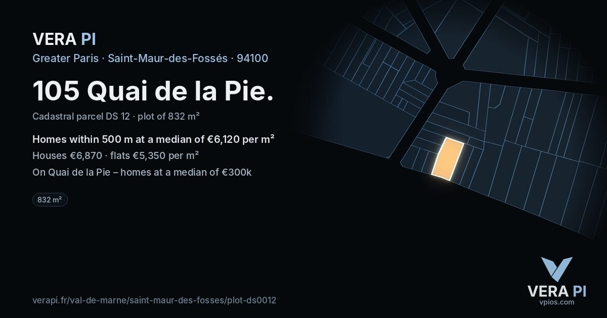 105 Quai de la Pie, Saint-Maur-des-Fossés at night – the plot lit, the parcels around coloured by the prices near them