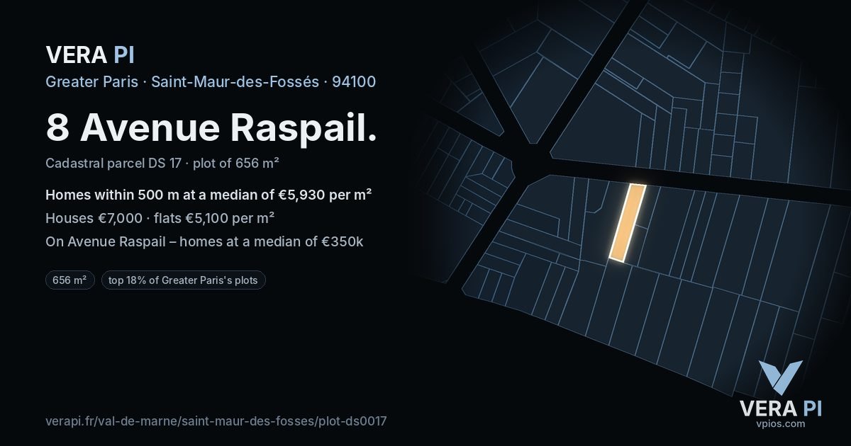 8 Avenue Raspail, Saint-Maur-des-Fossés at night – the plot lit, the parcels around coloured by the prices near them