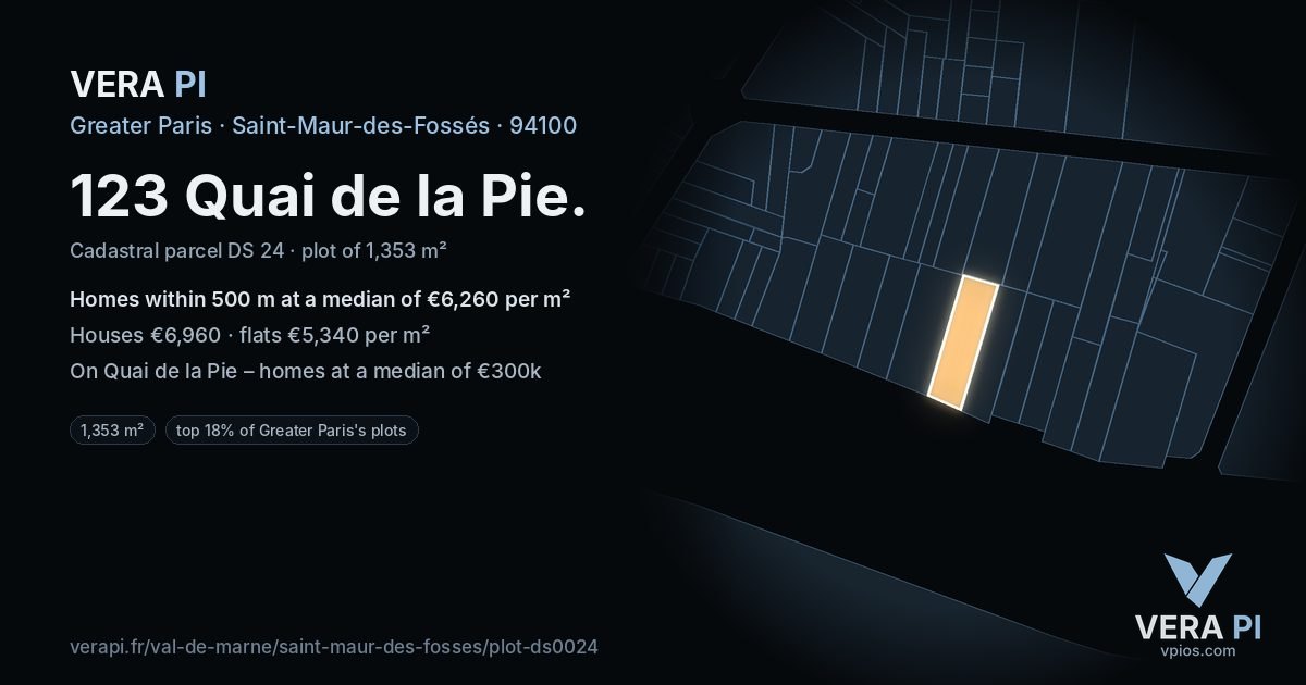 123 Quai de la Pie, Saint-Maur-des-Fossés at night – the plot lit, the parcels around coloured by the prices near them