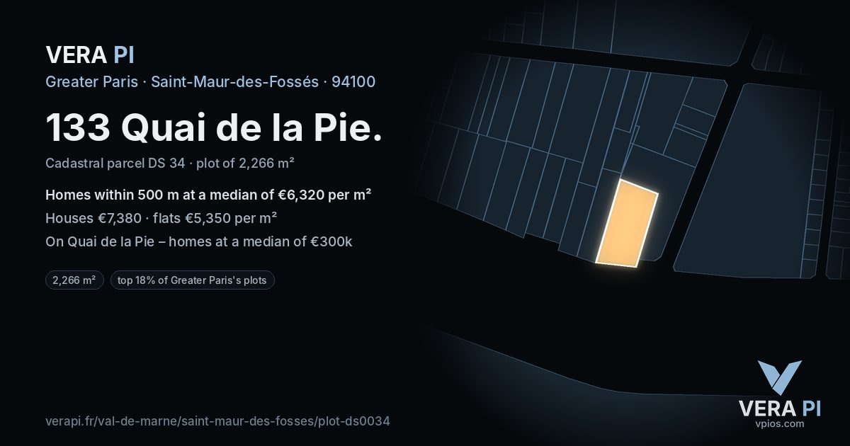 133 Quai de la Pie, Saint-Maur-des-Fossés at night – the plot lit, the parcels around coloured by the prices near them