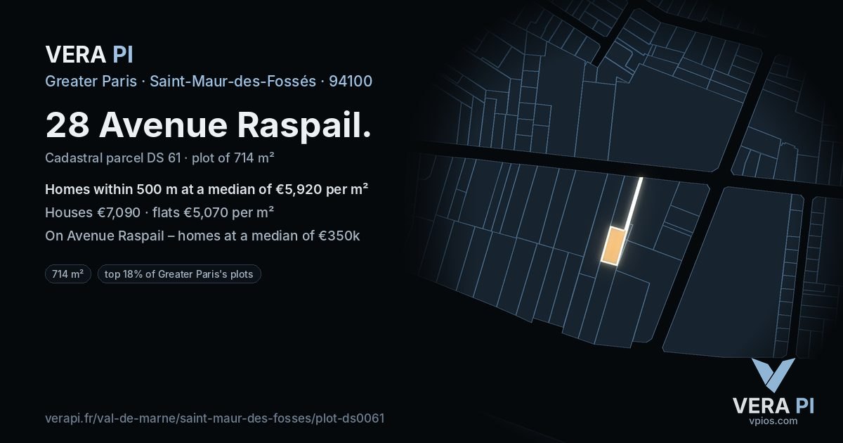 28 Avenue Raspail, Saint-Maur-des-Fossés at night – the plot lit, the parcels around coloured by the prices near them