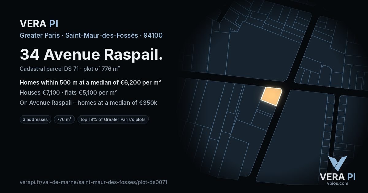 34 Avenue Raspail, Saint-Maur-des-Fossés at night – the plot lit, the parcels around coloured by the prices near them