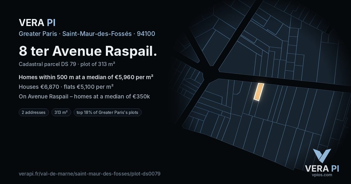 8 ter Avenue Raspail, Saint-Maur-des-Fossés at night – the plot lit, the parcels around coloured by the prices near them