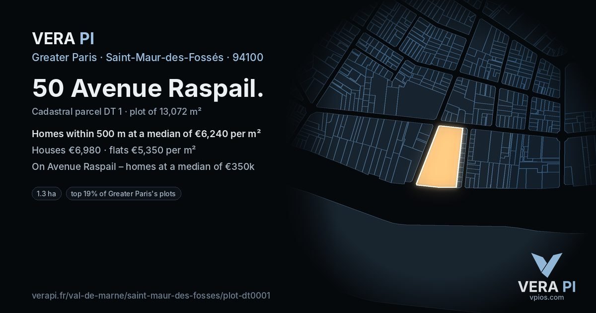 50 Avenue Raspail, Saint-Maur-des-Fossés at night – the plot lit, the parcels around coloured by the prices near them