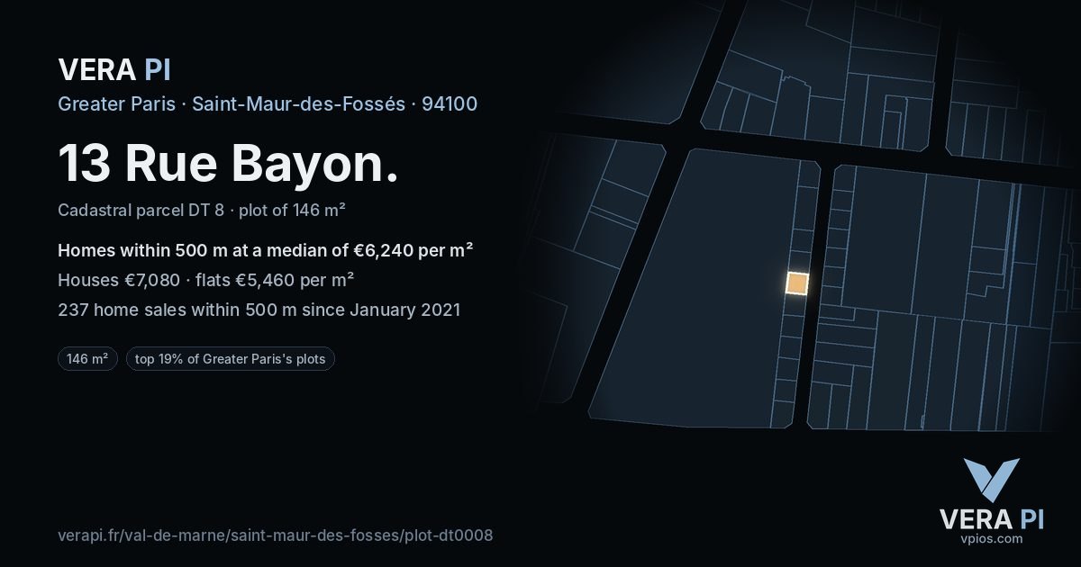 13 Rue Bayon, Saint-Maur-des-Fossés at night – the plot lit, the parcels around coloured by the prices near them