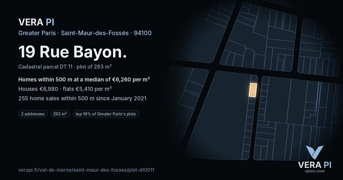 19 Rue Bayon, Saint-Maur-des-Fossés at night – the plot lit, the parcels around coloured by the prices near them