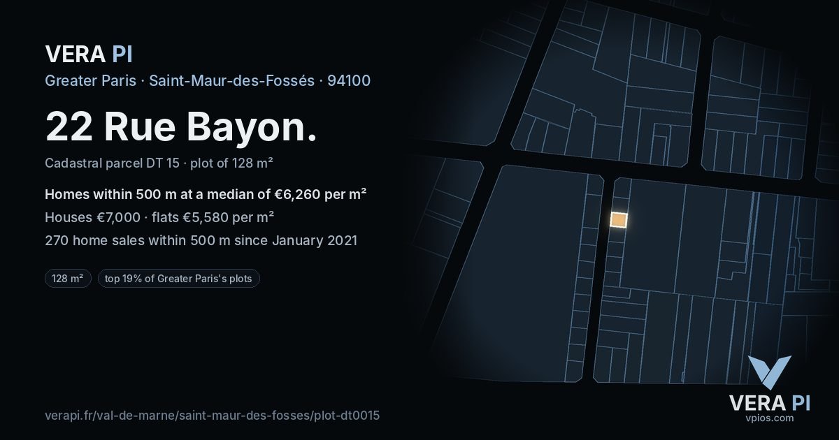 22 Rue Bayon, Saint-Maur-des-Fossés at night – the plot lit, the parcels around coloured by the prices near them