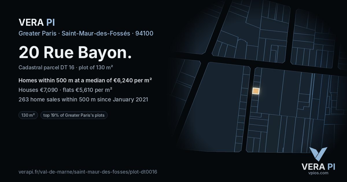 20 Rue Bayon, Saint-Maur-des-Fossés at night – the plot lit, the parcels around coloured by the prices near them