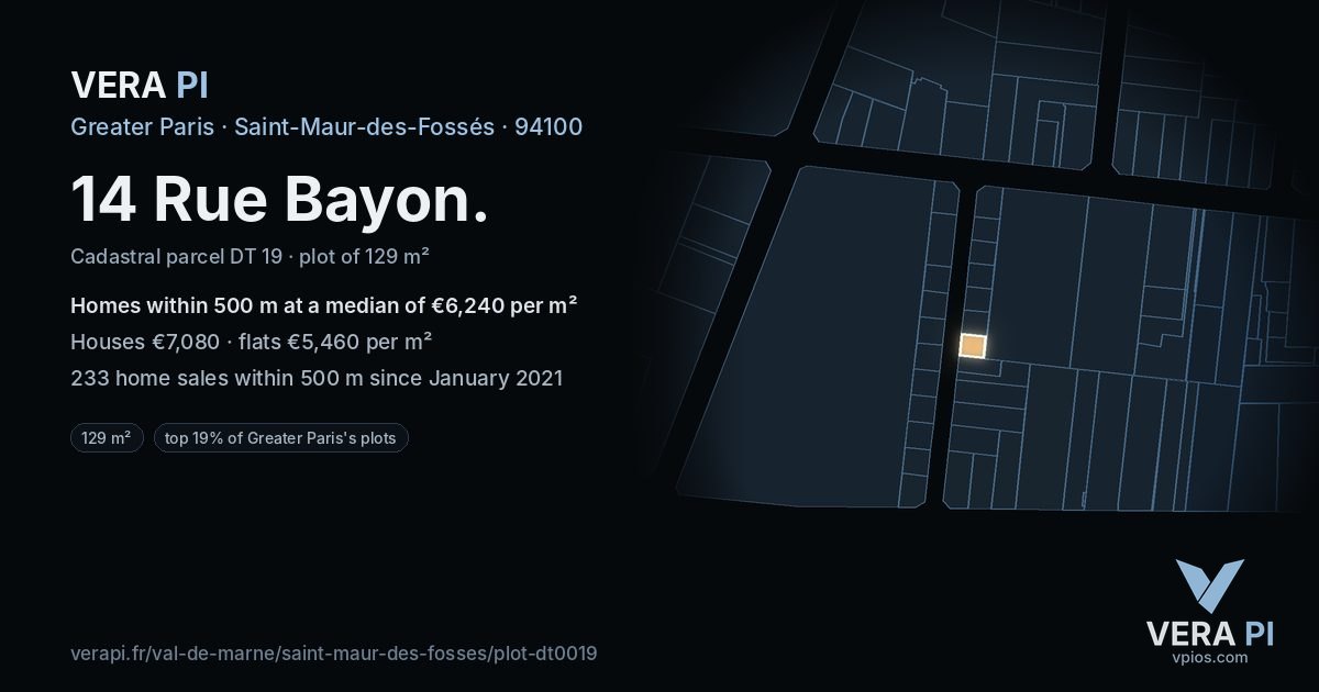 14 Rue Bayon, Saint-Maur-des-Fossés at night – the plot lit, the parcels around coloured by the prices near them