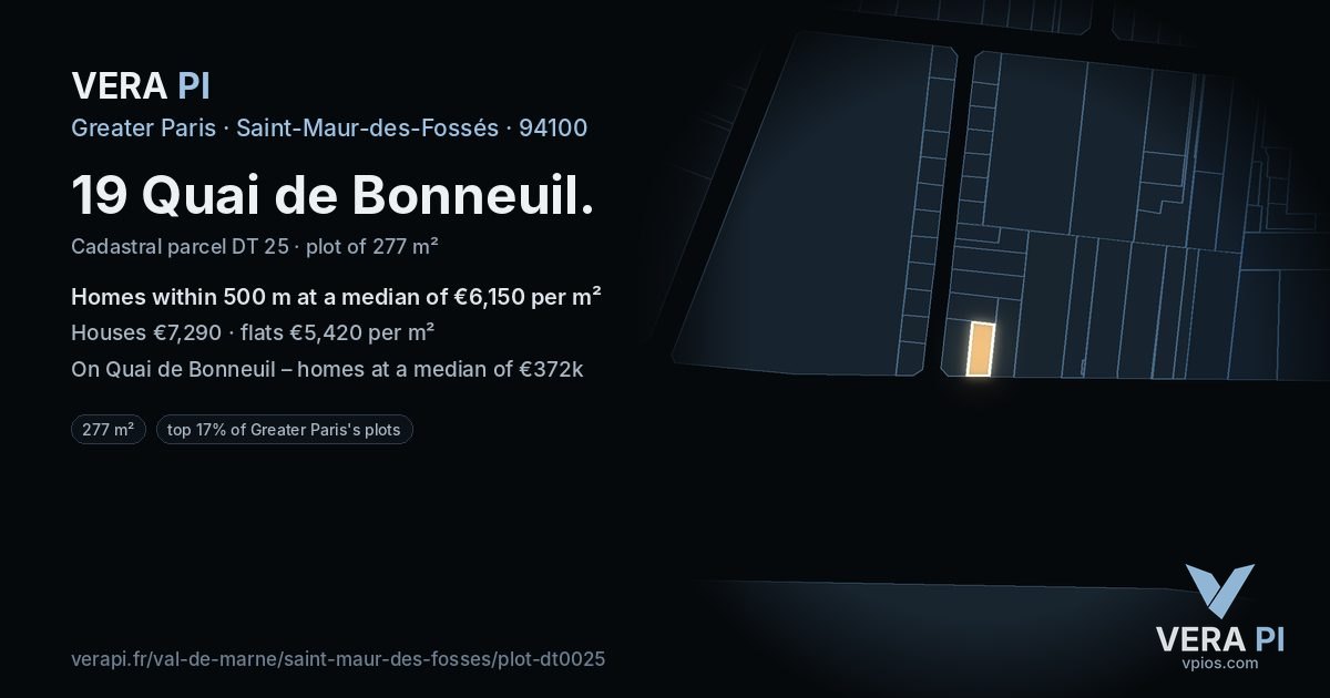 19 Quai de Bonneuil, Saint-Maur-des-Fossés at night – the plot lit, the parcels around coloured by the prices near them