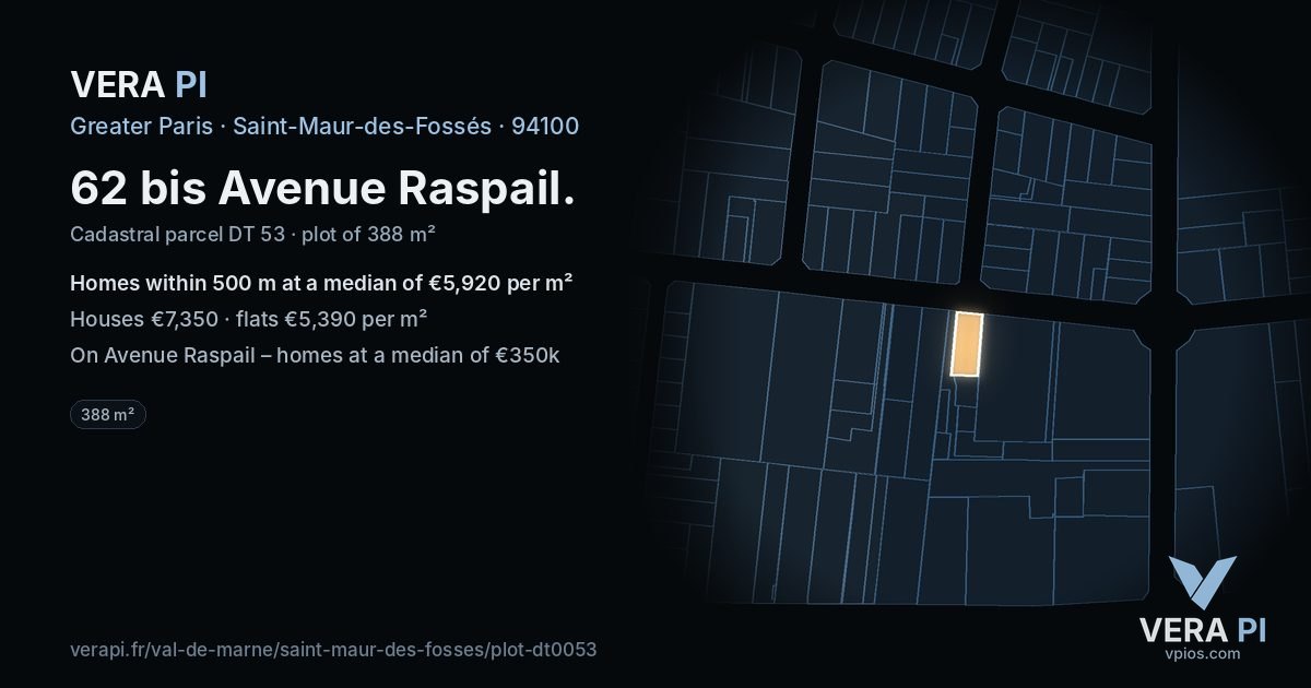 62 bis Avenue Raspail, Saint-Maur-des-Fossés at night – the plot lit, the parcels around coloured by the prices near them