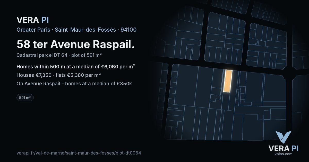 58 ter Avenue Raspail, Saint-Maur-des-Fossés at night – the plot lit, the parcels around coloured by the prices near them