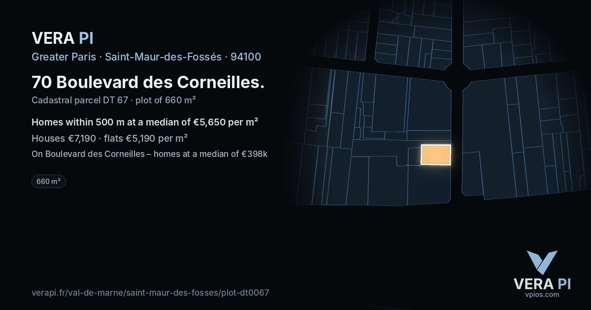 70 Boulevard des Corneilles, Saint-Maur-des-Fossés at night – the plot lit, the parcels around coloured by the prices near them