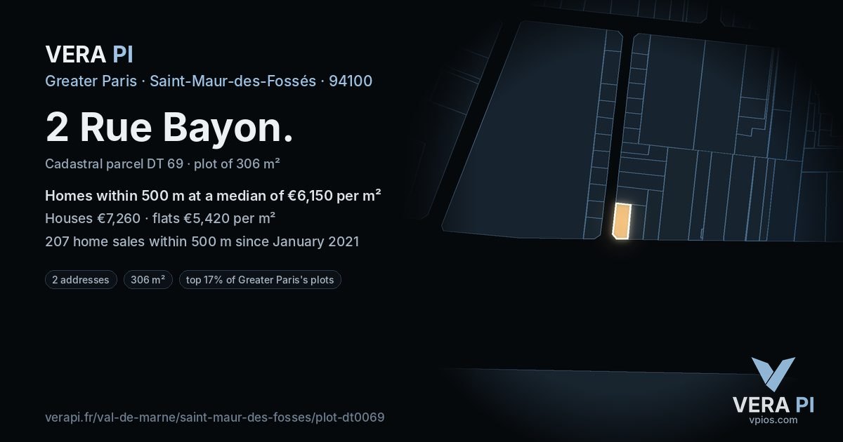 2 Rue Bayon, Saint-Maur-des-Fossés at night – the plot lit, the parcels around coloured by the prices near them