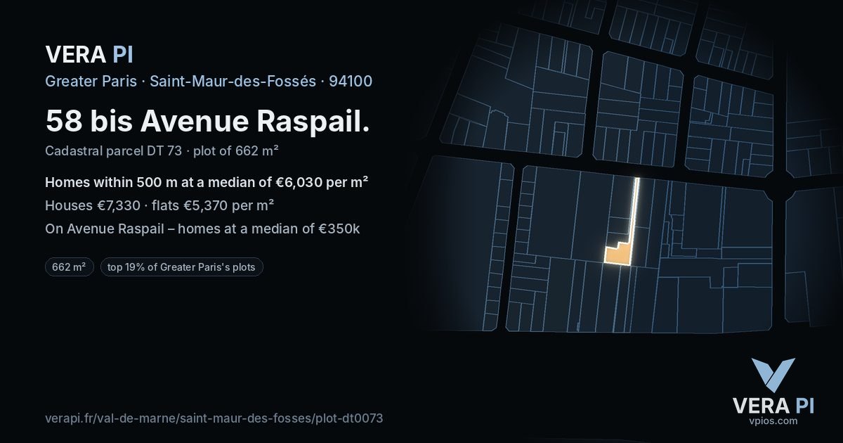 58 bis Avenue Raspail, Saint-Maur-des-Fossés at night – the plot lit, the parcels around coloured by the prices near them