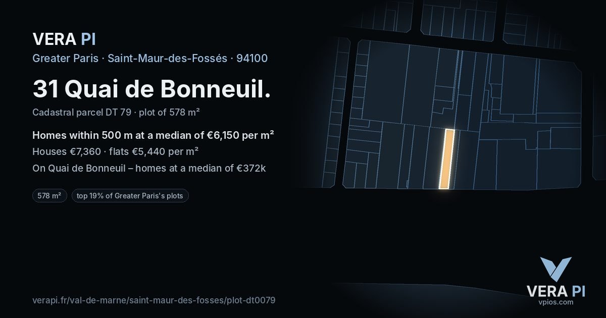 31 Quai de Bonneuil, Saint-Maur-des-Fossés at night – the plot lit, the parcels around coloured by the prices near them
