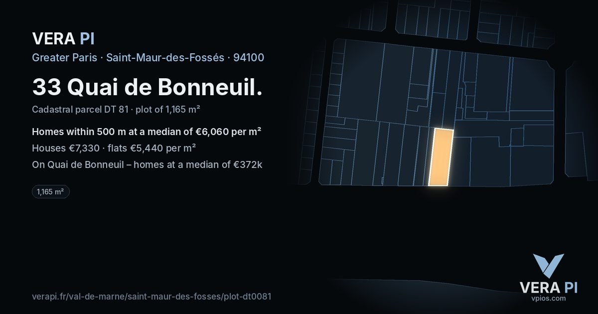 33 Quai de Bonneuil, Saint-Maur-des-Fossés at night – the plot lit, the parcels around coloured by the prices near them