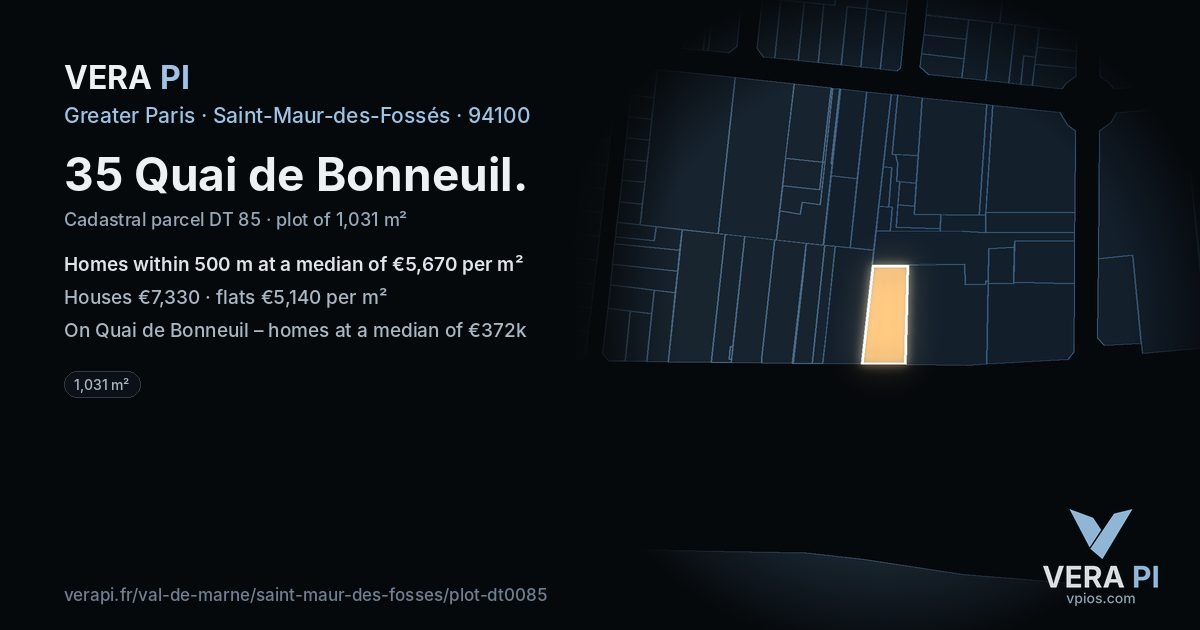 35 Quai de Bonneuil, Saint-Maur-des-Fossés at night – the plot lit, the parcels around coloured by the prices near them