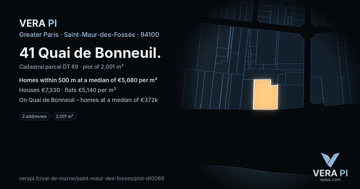 41 Quai de Bonneuil, Saint-Maur-des-Fossés at night – the plot lit, the parcels around coloured by the prices near them