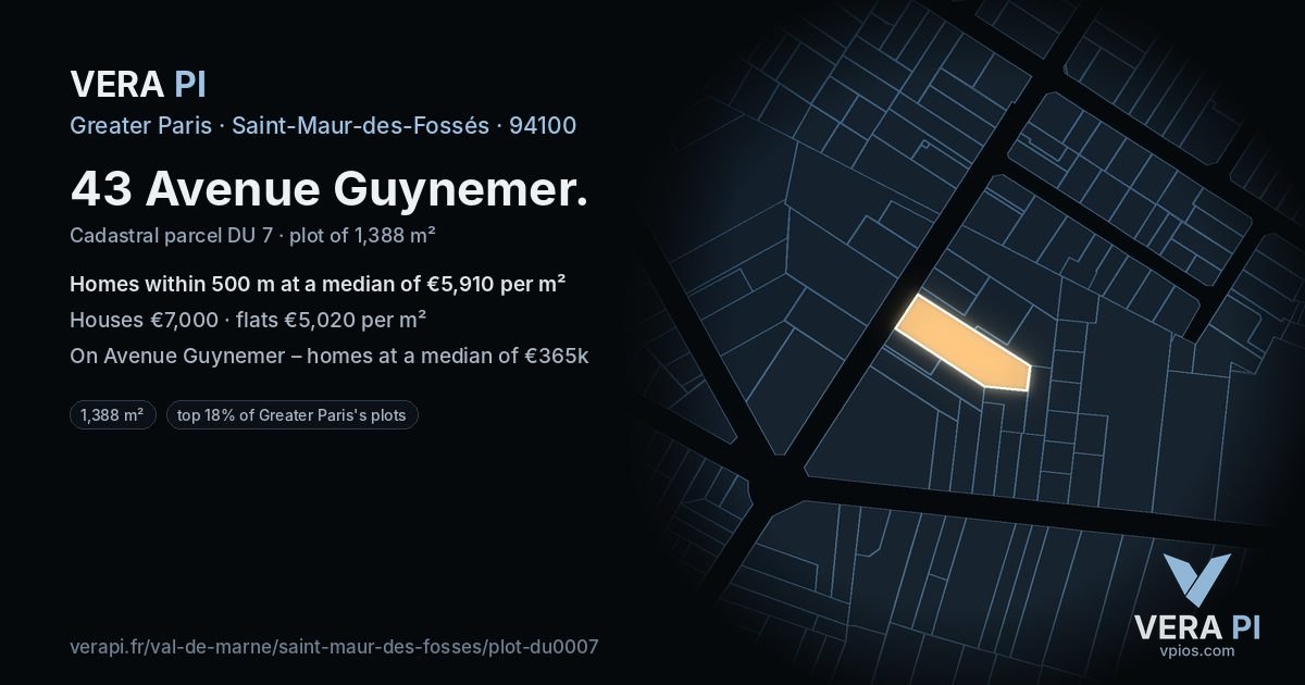 43 Avenue Guynemer, Saint-Maur-des-Fossés at night – the plot lit, the parcels around coloured by the prices near them