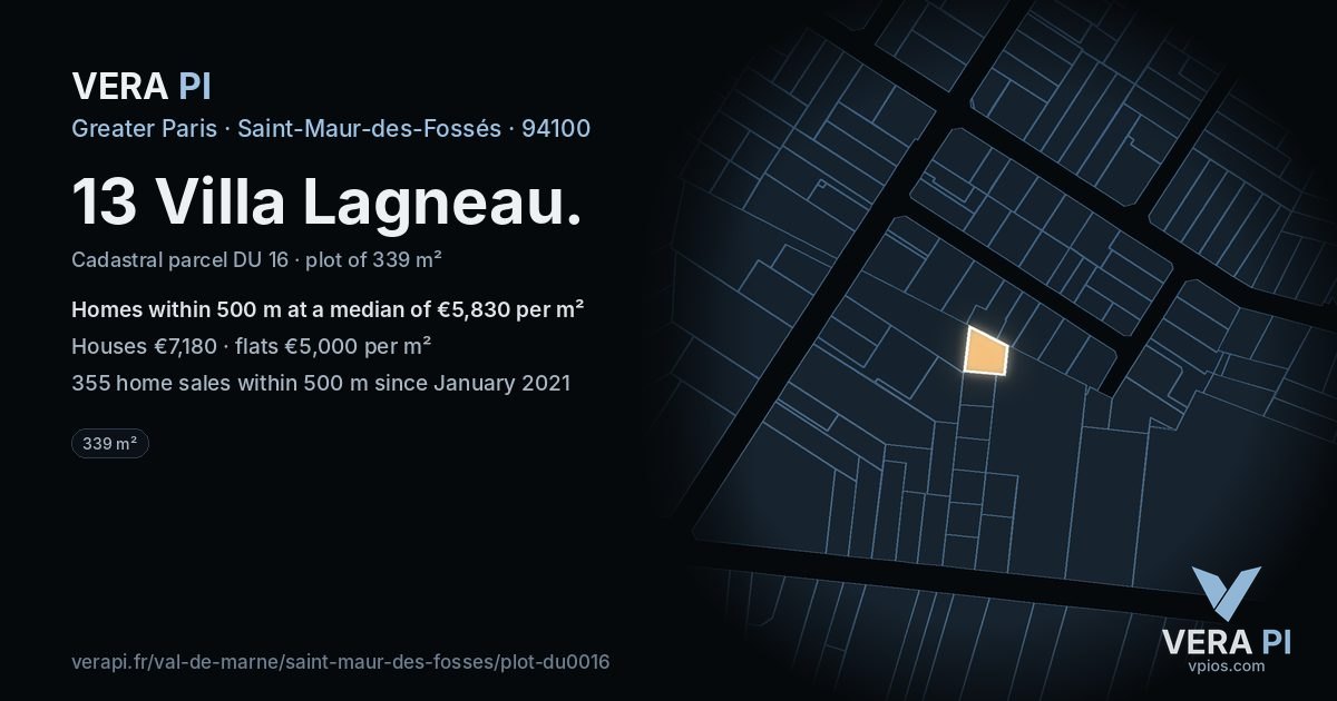 13 Villa Lagneau, Saint-Maur-des-Fossés at night – the plot lit, the parcels around coloured by the prices near them
