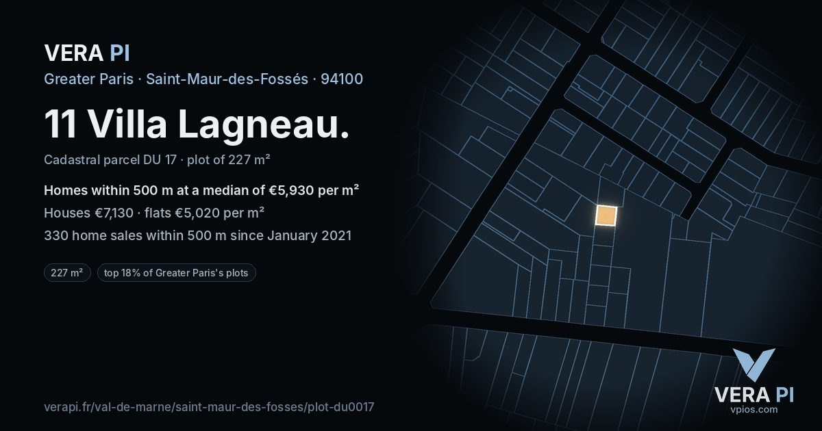 11 Villa Lagneau, Saint-Maur-des-Fossés at night – the plot lit, the parcels around coloured by the prices near them