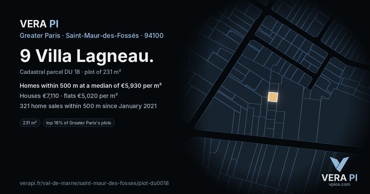 9 Villa Lagneau, Saint-Maur-des-Fossés at night – the plot lit, the parcels around coloured by the prices near them