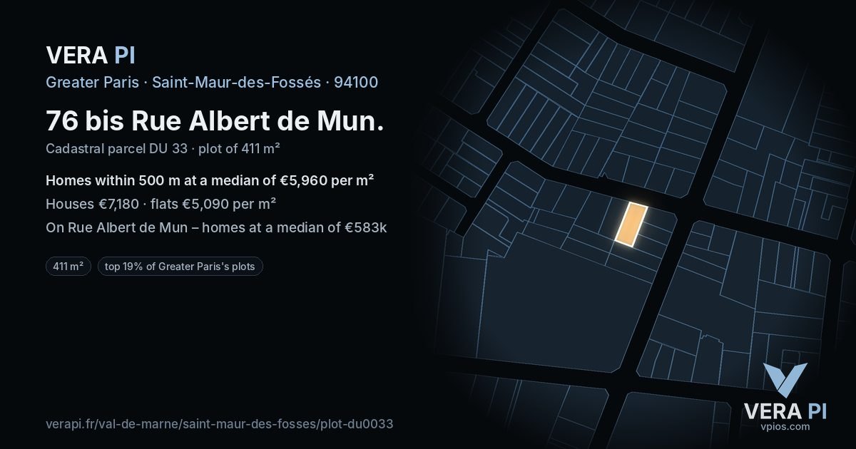 76 bis Rue Albert de Mun, Saint-Maur-des-Fossés at night – the plot lit, the parcels around coloured by the prices near them